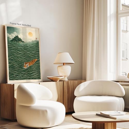 Vintage Japanese Canvas Wall Art Fuuny Tiger Swimming Posters Emerald Green Oriental Asia Print Modern Wild Animal Pictures For Living Room Bedroom Bathroom 12x16in Unframed by Generic - Used condition - Image 5