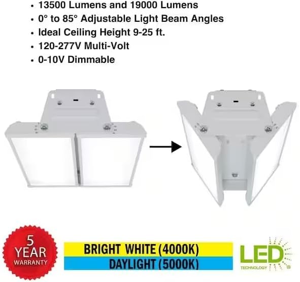 Diagram showing key features of the LED High Bay Light including lumen and beam angle adjustments