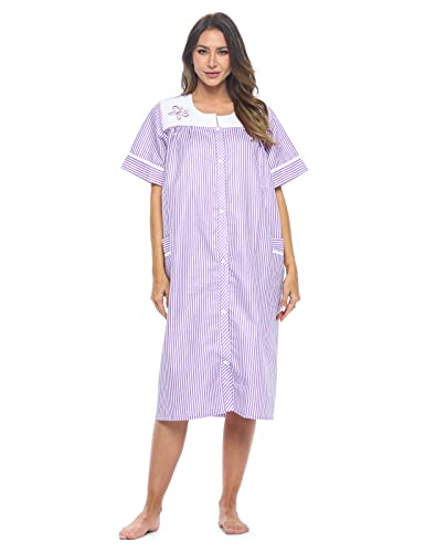 Casual Nights Women's Snap - Front House Dress Short Sleeve Woven Housecoat Duster Lounger Robe With Pockets - Purple Stripe - X-Large #TOP28
