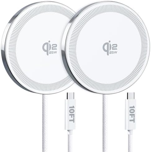 25W Wireless Charger for MagSafe, Qi2.2 Magnetic Fast Charging Pad for iPhone 17/16/15/14/13/12 Series & AirPods, Strong Magnet, Portable Wireless Charger for Travel Home Office (White, 2Pack(10FT))