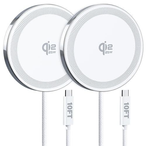 25W Wireless Charger for MagSafe, Qi2.2 Magnetic Fast Charging Pad for iPhone 17/16/15/14/13/12 Series & AirPods, Strong Magnet, Portable Wireless Charger for Travel Home Office (White, 2Pack(10FT))