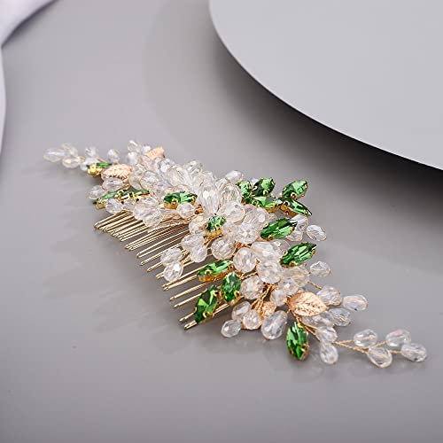 Chargances Wedding Crystal Hair Comb Bridal Leaf Pearl Hair Vine Side Comb Rhinestone Beaded Hair Accessories Headpiece For Wedding Prom Festival Bridesmaid For Women And Girls (Green) #TOP6