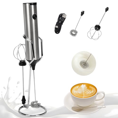 Madrigal Rechargeable Milk Frother with Stand, Dual 304 Stainless Steel Whisks, USB-C Mini Mixer for Drinks, Cappuccino & Hot Chocolate, 3-Speed Handheld Drink Mixer for Lattes