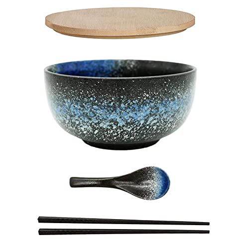 Ramen Schüssel Keramik Set mit Löffel Essstäbchen，1100 ML Großer Suppenschüssel,Salatschüsseln Für Suppe, Pho und Sushi Bowl (Blaue Schale Set)
