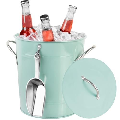 Secchiello per il ghiaccio da 4 litri, con paletta e coperchio, in ferro zincato con manico, doppio strato, isolato, ideale per bar di vino e champagne, verde