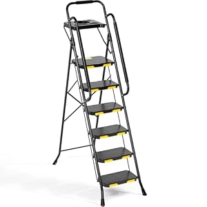 KINGRACK Step Ladder, Sturdy Steel Step Stool with Anti-Slip Wide Pedals, Handrail, Safe-Lock Design, 800lbs Folding Portable Ladder for Multi-Purpose, Home, Kitchen (6-Step with Tool Platform)
