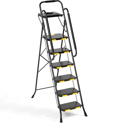 KINGRACK Step Ladder, Sturdy Steel Step Stool with Anti-Slip Wide Pedals, Handrail, Safe-Lock Design, 800lbs Folding Portable Ladder for Multi-Purpose, Home, Kitchen (6-Step with Tool Platform) by KINGRACK - Used condition - US$110.59