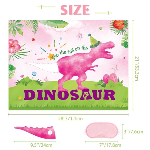 Image of WERNNSAI Pin The Tail on The Dinosaur - Girl Dinosaur Party Decorations Pink Dino Party Games for Birthday Celebration Supplies 21 inch x 28 inch Poster with 24 PCS Tails Stickers
