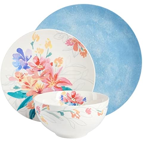 Spice by Tia Mowry Goji Blossom Decorated Porcelain Chip and Scratch Resistant Dinnerware Set, Blue, 12-Piece Cover