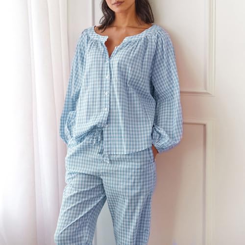 Image of Argeousgor Women Plaid 2 Piece Pajama Set Button Down Puff Sleeve Babydoll Shirt Gingham Pants Pj Lounge Set Sleepwear