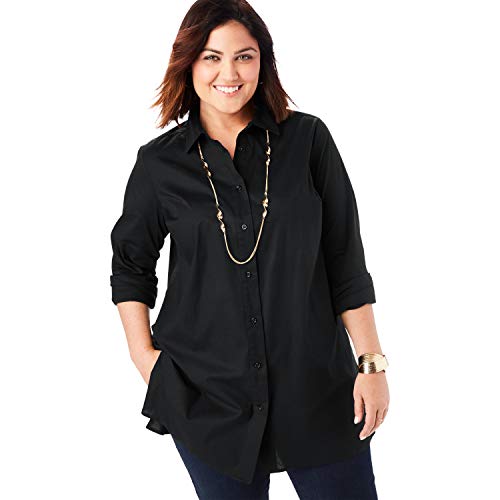 Jessica London Women's Plus Size Poplin Tunic Long Button Down Shirt - 26, Black