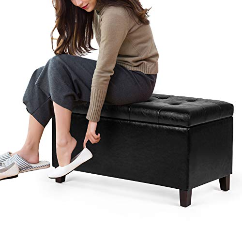Adeco Storage Ottoman, Faux Leather Rectangular Tufted Upholstered Bench With Wood Legs, Footrest Stool Coffee Table For Living Room Bedroom Entryway Hallway (Black) #TOP4