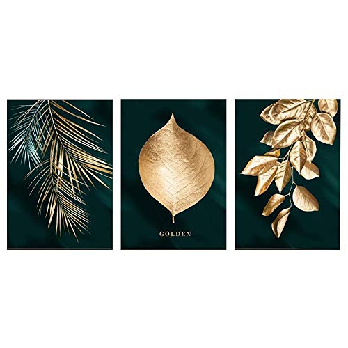 12x16 Inches Golden Leaf Poster Unframed Wall Art Abstract Party Decorations Black Canvas Decorative Tropical Leaves Print Poster for Home Office Living Room Bedroom Simple Painting Party Decor 3 Pcs
