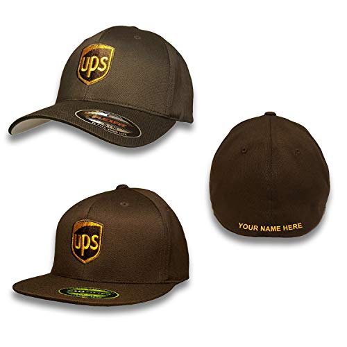 Brown United Parcel Service Personalized Embroidered Front & Back Fitted Flexfit Brown Baseball Cap Hat (Flat Brim, Small Medium)