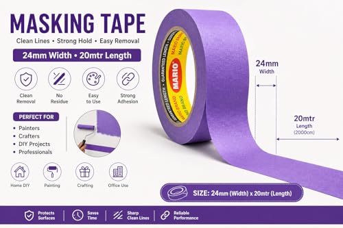 Image of Mario Purple Masking Tape - 20 Meter Length, 24mm Width - Multi Purpose Tape for Painting, Surface Protection & Decoration - Pack of 6 Rolls