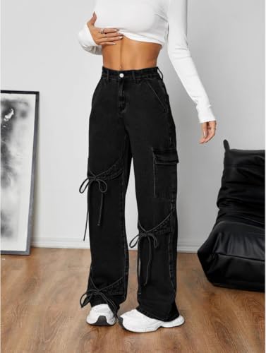 Baggy Jeans for Women Y2K Wide Straight Leg Denim Pants Mid Rise Casual Boyfriend Jeans with Bows2