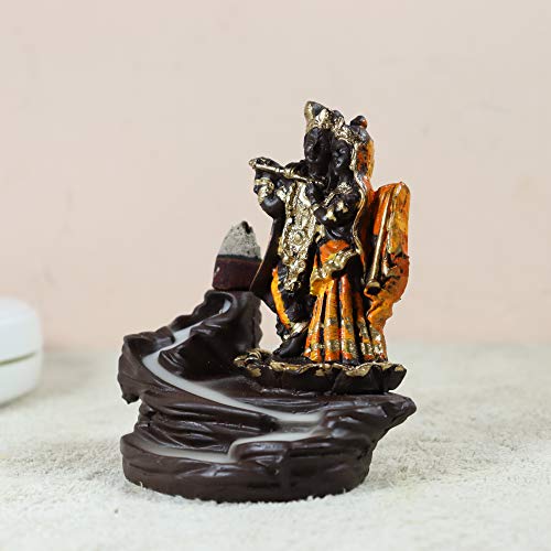 Image of CRAFTAM Polyresin Smoke Backflow Fountain Like Waterfall Radha Krishna Incense Holder Decorative Showpiece Gift with Free 10 Scented Cone Incenses (Orange)