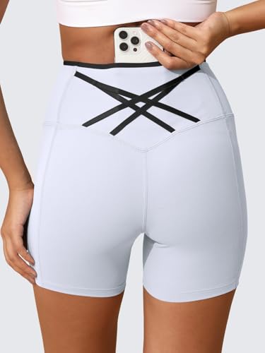 Aoysky Womens Workout Biker Shorts 5" Color Block High Waisted Yoga Athletic Shorts White — view 2