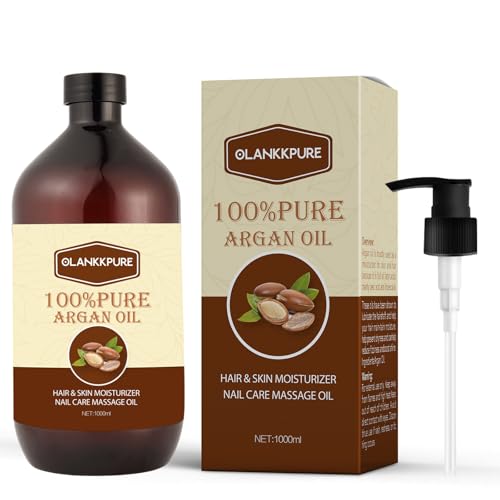 OLANKKPURE 100% Reines Arganöl, Premium Ätherisches Öl für Haare, Haut, Nägel, Massage, Feuchtigkeitspflege, Mehrzweck Körperöl, 1000ml