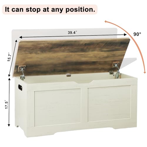 Timberer 39.4\" Storage Chest, Wooden Storage Bench, Large Storage Trunk with 2 Safety Hinges, Entryway Shoes Bench for Living Room, Bedroom, Antique White - Thumbnail 3