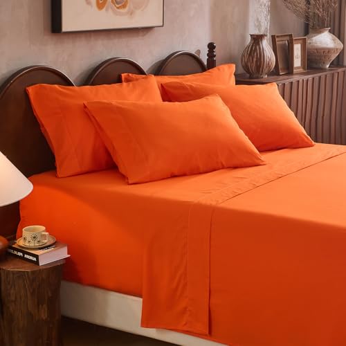 Overket 100% Linen Sheet Set Cal King Size Extra Deep Pocket Fits 18-24 Inch Mattress, Breathable & Soft, Smooth 6-Piece Set for Thick Mattresses Hotel Luxury Bedding（Cal King, Orange）