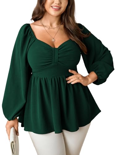 SCOMCHIC Women's Plus Size Blouses Long Sleeve Sweetheart Neckline Babydoll Ruffle Peplum Smocked Cute Casual Fall Tops Emerald Green