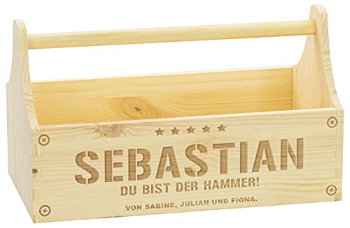 LAUBLUST Große Werkzeugkiste Hammer Motiv - Personalisiert mit Individueller Wunsch-Gravur - 34 x 18 x 20 cm, Natur | Geschenkkiste - Geschenk-Verpackung | Aufbewahrungskiste | Flaschen-Korb