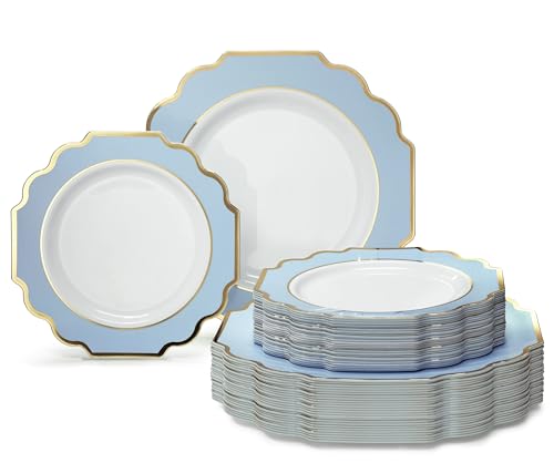 " OCCASIONS " 80 Plates Pack,(40 Guests) Heavyweight Wedding Party Disposable Plastic Plates Set -40 x 10.5'' Dinner + 40 x 8'' Salad/Dessert Plate (Imperial in White/Blue & Gold)