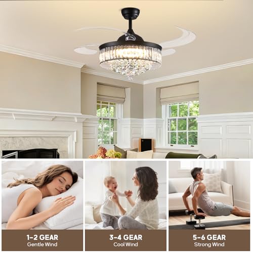 MOOONICHE 48'' Crystal Fandelier Ceiling Fan with Light, Retractable Blades Ceiling Fans with Light and Remote, Dimmable Chandelier Ceiling Fan for Bedroom Living Room-Black by MOOONICHE - Used condition - Image 2