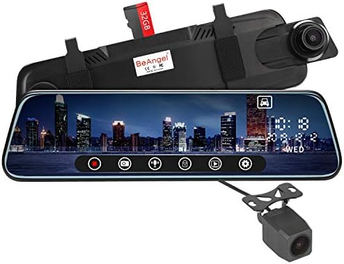 BeAngel 10 Inch Touch Screen Car Camera 10" Rearview Mirror FHD 1080P Dash DVR Cam Backup Camera Night Vision Front and Rear Dual Lens Video Recorder Reversing