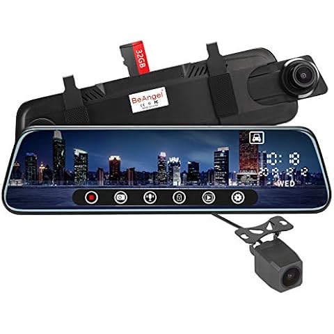 BeAngel 10 Inch Touch Screen Car Camera 10" Rearview Mirror FHD 1080P Dash DVR Cam Backup Camera Night Vision Front and Rear Dual Lens Video Recorder Reversing Cover