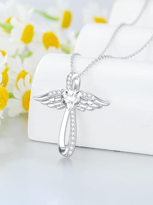 Sterling Silver Trendy Cross Pendant Necklace for Women Dainty CZ Angel Wings Hypoallergenic Jewelry with Silver Chain Fashion Birthday Gift for Women4