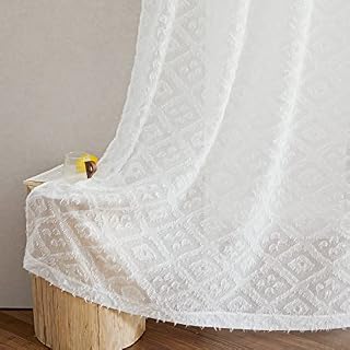 PONY DANCE Luxury Voile Curtain - Soft Vertical Living Room Curtain 2 Panels, Decorative Curtain Drapes, Rhombus Jacquard Geometric Curtain, W 55" x D 84", White