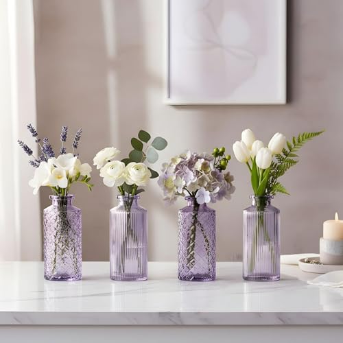 Set de 4 vases violets, hauteur 13 cm, en verre pastel, décoration de table, pour le printemps,...