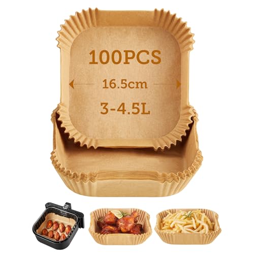 COSORI Carta Forno Per Friggitrice Ad Aria 100 Pezzi, Teglie Per Air Fryer 3-4,5L Quadrati, Antigrasso Antiaderente Fodera in Carta Monouso per Forno, Padelle, Microonde (16cm)
