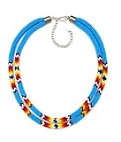 Native Style Beaded Double Strand Rope Necklace for Women Handmade (Cyan Blue Fire)