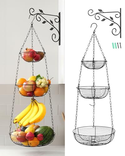 FANGSUN 3-Tier Hanging Fruit Basket for Kitchen Counter with Banana Hook, 36-Inch Heavy-Duty Wire Fruit Baskets with Leaf-Shaped Bracket for Kitchen Organizing Potato & Vegetable
