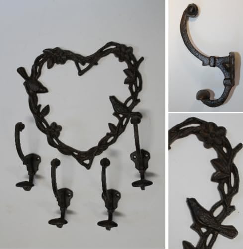 Vintage Vintage Style Cast Iron Wild Birds Birdwatcher Wall Decor Hooks, Big Hearts 4-1 Set (5 Items)