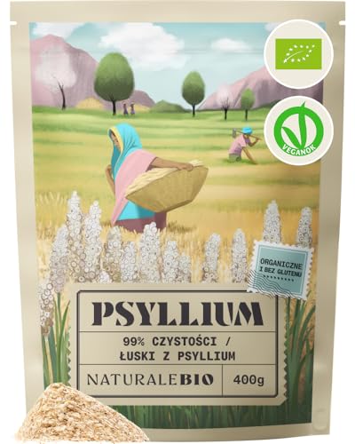 NaturaleBio Łuski Psyllium Bio - 99% Czyste Błonnik Organiczny 400g - Certyfikat USDA - Suplement Błonnika dla Zdrowia Jelit - Bezglutenowy, Keto, Wegański