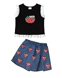 2T Girl Clothes Toddler 3T Girls Outfits Summer Strawberry Denim Skort Skirt Sets Sleeveless Black Lace Tank Top Baby 2 3 Year Old Clothes Clothing