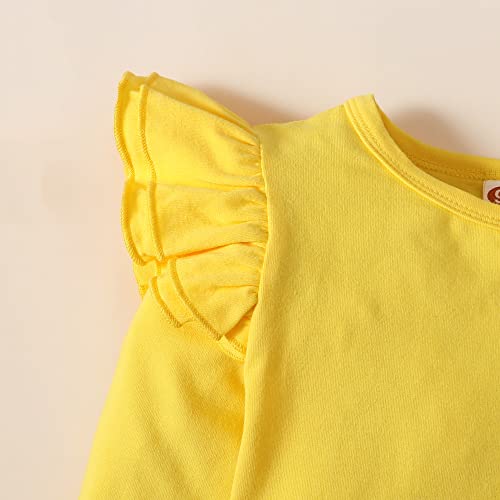 Sanpersonlin Toddler Baby Girl Solid Color T Shirt Kids Blouse Basic Plain Ruffle Top Cotton Casual Clothes (0020F-Long Sleeve Yellow, 1-2 Years) #TOP4