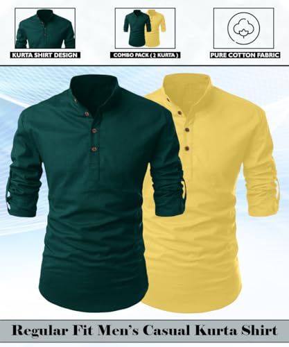 Image of FINIVO FASHION Combo of Men's Cotton Blend Solid Regular Fit Full Sleeve Straight Short Kurta Shirt, Casual and Formal Wear