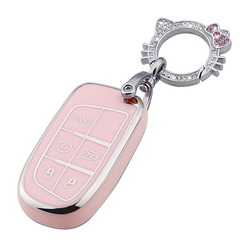 Image of Pangpai Pink Key Fob Cover for Jeep, Soft TPU Key Case Protection with Bling Keychain Fit for Jeep Grand Cherokee Renegade Wrangler Patriot Grand Commander