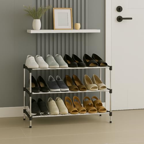 JD FRESH 3 Tier Stainless Steel Shoes Rack for Home/Shoe Stand/Rust-Proof & Sturdy Shoe Organizer for Entryway/Footwear Organizer/Books/Newspaper/Plants - (Black & Chrome)