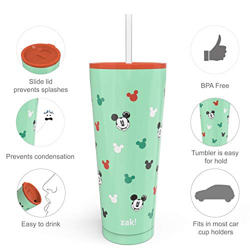 Image of Zak Designs Disney Mickey Mouse Vacuum Insulated Stainless Steel Travel Tumbler with Splash-Proof Lid, Includes Reusable Plastic Straw and Fits in Car Cup Holders (18 /8 SS, 25 oz, Sure Thing)
