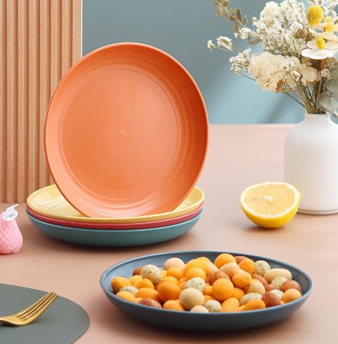 Image of Unbreakable Wheat Straw Dinnerware Sets for Camping, Dessert, Cereal, Salad, Fruit, Cakes, Pasta, Pizza, Noodles, Pho, Popcorn Microwave and Dishwasher Safe (20cm+23cm, Orange, Pack of 6)