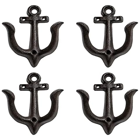 Lemonadeus Cast Iron Nautical Anchor Wall Hooks Coat Hooks Rack,Coastal Decorative Wall Mounted Antique Chic Metal Keys Towel Coat Hooks Hanger (4X Brown) Cover