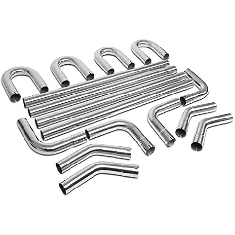 DNA Motoring ZTL-25SS 16 Pcs 2.5 Inches Stainless Steel DIY Custom Exhaust Tubing Mandrel Bend Pipe Straight & U-Bend Kit, Universal Fit Cover