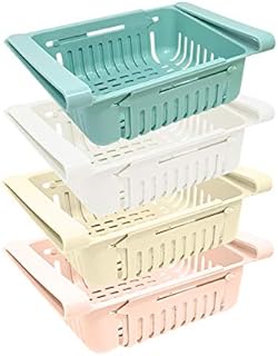 Joejis Set of 4 Fridge Drawer Organizer Rack Inserts - Plastic Storage Containers - Retractable Organiser Solution - Vegetable Fruit Produce - Blue White Pink Beige