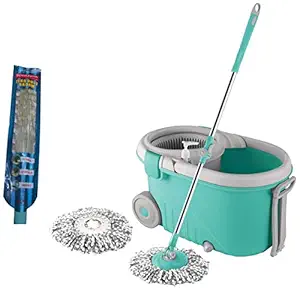 Spotzero by Milton Elegant Spin Mop with Big Wheels (Aqua Green, Two Refills), 4 Pcs & Spotzero By Milton Zero Dust Floor Broom (Aqua Green) (DCPDFLR021ASSR0024)